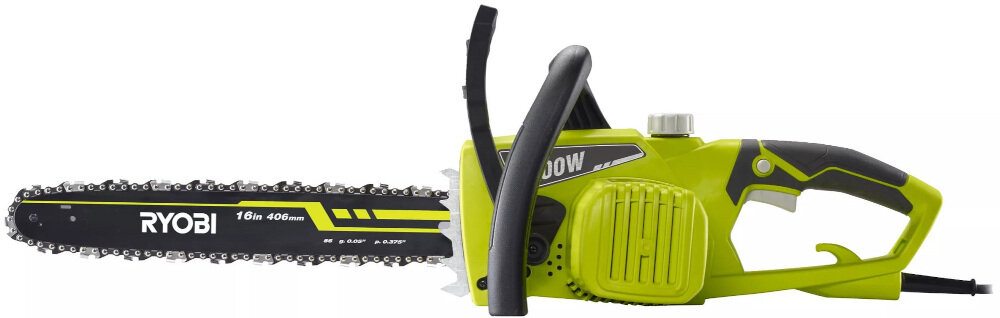Na zdjęciu znajduje się elektryczna piła łańcuchowa w kolorze zielonym z czarnymi i żółtymi elementami. Na prowadnicy widoczny jest napis \'RYOBI 16in 406mm\'.
