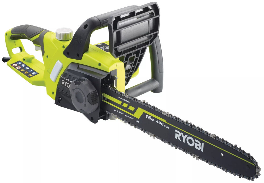 Na obrazie widoczna jest elektryczna piła łańcuchowa w kolorze zielonym z czarnymi elementami. Na prowadnicy widnieje napis \'RYOBI 16in 406mm\'.