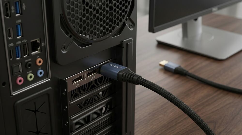 Kabel DisplayPort podłączony do tylnego panelu komputera, z widocznym napisem \'SAVIO\' na wtyczce. Obok znajduje się monitor na drewnianym biurku.