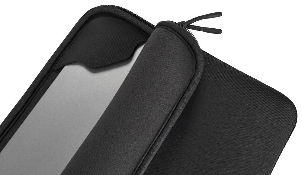 Czarne etui na laptopa z zamkiem błyskawicznym, częściowo otwarte, ukazujące wnętrze z szarym materiałem.