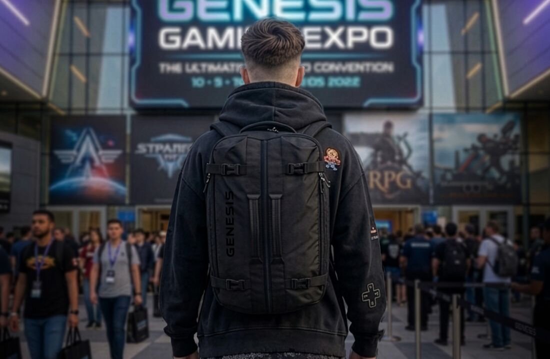 Osoba z plecakiem z napisem \'GENESIS\' stoi przed wejściem na wydarzenie z napisem \'GENESIS GAME EXPO\'. W tle widoczne są plakaty i grupa ludzi.