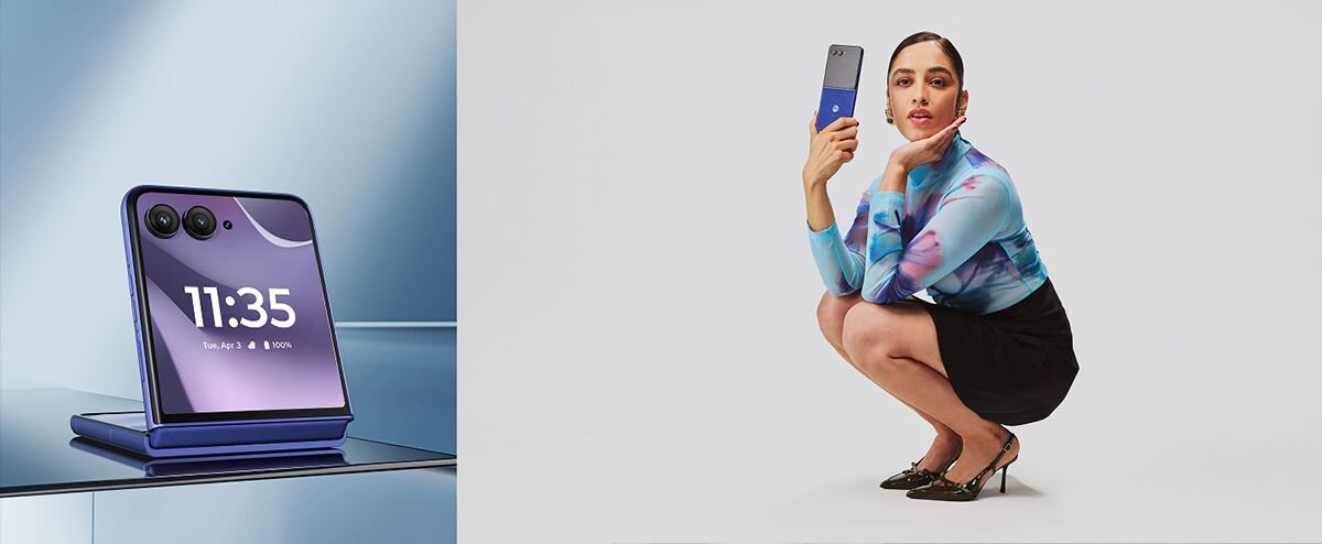 Po lewej stronie obraz przedstawia złożony smartfon z widocznym ekranem, na którym wyświetla się godzina 11:35 i data Thu, Apr 3. Po prawej stronie osoba w kolorowej bluzce i czarnej spódnicy trzyma smartfon w dłoni.