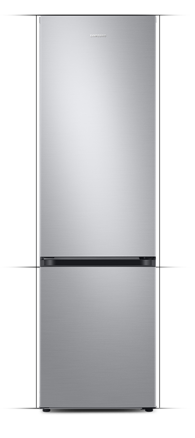 Lodówka w kolorze metalicznego grafitu z dwoma drzwiami, górnym większym i dolnym mniejszym. Na górnych drzwiach widoczne jest logo \'SAMSUNG\'.