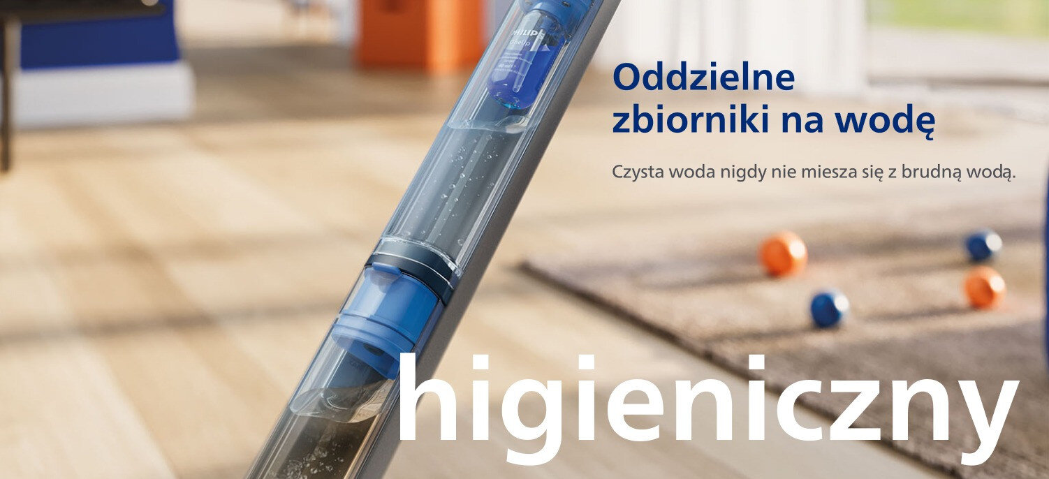 Obraz przedstawia elektryczny mop z przezroczystymi zbiornikami na wodę. Tekst na obrazie: \'Oddzielne zbiorniki na wodę. Czysta woda nigdy nie miesza się z brudną wodą. higieniczny\'.