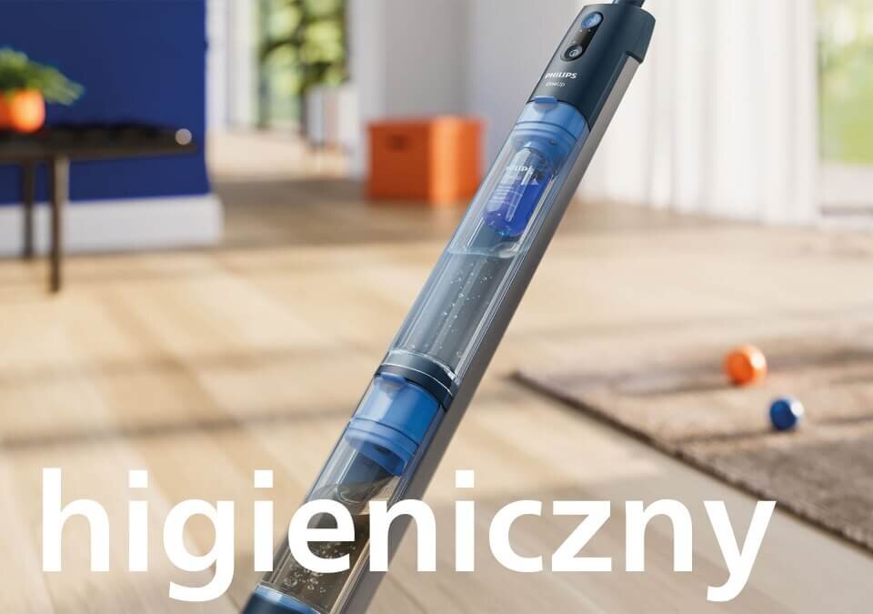 Na obrazie widoczny jest elektryczny mop z logo PHILIPS, ustawiony na drewnianej podłodze w jasnym pomieszczeniu. Na pierwszym planie znajduje się duży napis \'higieniczny\'.
