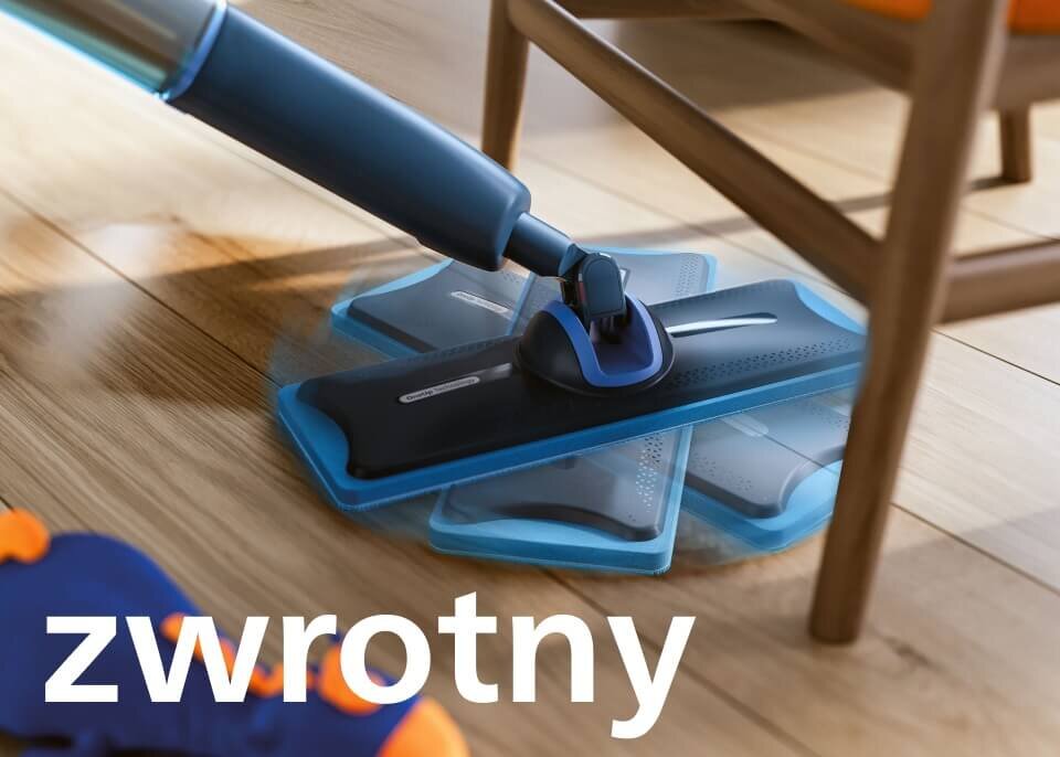 Elektryczny mop z niebieskimi i czarnymi elementami pokazany w ruchu na drewnianej podłodze obok krzesła. Na obrazie widoczny jest tekst: \'zwrotny\'.