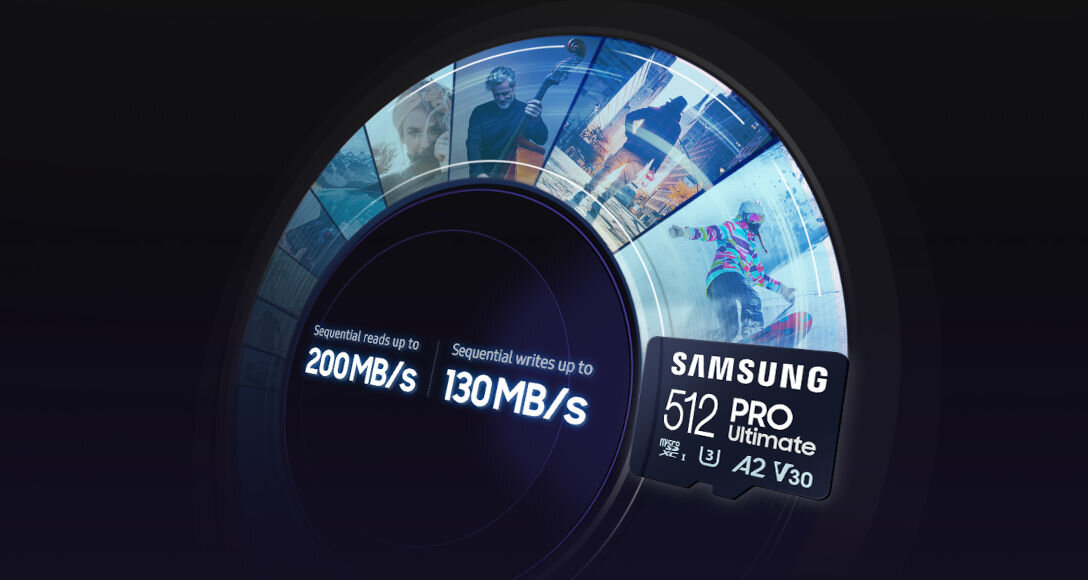 Obraz przedstawia kartę pamięci SAMSUNG 512 PRO Ultimate z prędkościami odczytu do 200MB/s i zapisu do 130MB/s. W tle widoczne są różne zdjęcia, w tym osoby i krajobrazy.
