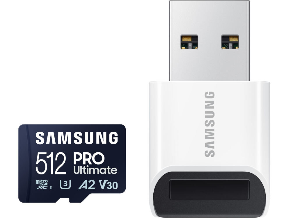 Na obrazie widoczna jest karta pamięci z napisem \'SAMSUNG 512 PRO Ultimate microSDXC I U3 A2 V30\' oraz biały czytnik USB z logo \'SAMSUNG\'.