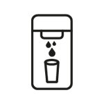 Ikona przedstawia symbol dozownika wody z kroplami wpadającymi do szklanki.