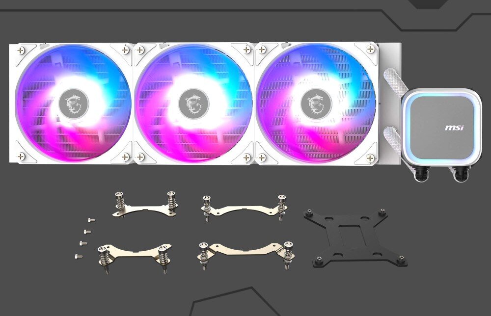 Na obrazie widoczne jest chłodzenie wodne z trzema wentylatorami o podświetleniu RGB oraz blok wodny z logo \'msi\'. Obok znajdują się elementy montażowe, takie jak śruby i uchwyty.