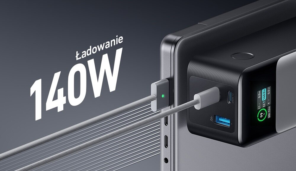 Obraz przedstawia powerbank podłączony do urządzenia, z widocznym napisem \'Ładowanie 140W\'.