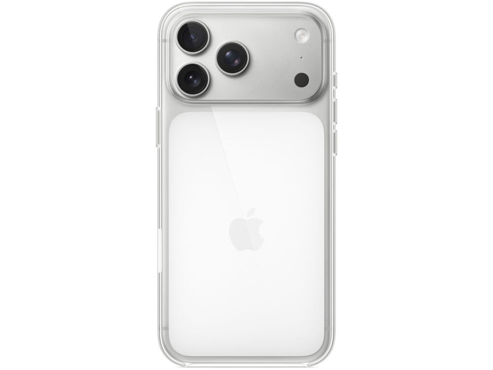 Przezroczyste etui na telefon z widocznym logo Apple. Etui posiada wycięcia na trzy obiektywy aparatu i dodatkowe elementy.