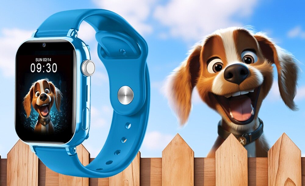 Niebieski smartwatch z wyświetlaczem pokazującym godzinę 09:30 i datę SUN 02/14, z grafiką psa na ekranie. Obok zegarka widoczny jest uśmiechnięty pies za drewnianym płotem.