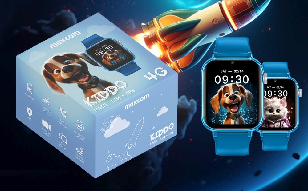 Na obrazie znajduje się niebieskie pudełko z napisem \'maxcom KIDDO FW59 SIM + GPS 4G\' oraz dwa niebieskie smartwatche z wyświetlaczami pokazującymi godzinę 09:30 i grafikę psa oraz kota.