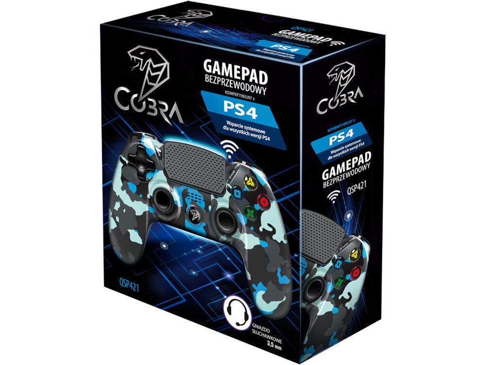 Opakowanie kontrolera w kolorze szaro-niebieskim moro z logo COBRA i napisem \'GAMEPAD BEZPRZEWODOWY\'. Widoczna informacja o kompatybilności z PS4 oraz gniazdo słuchawkowe 3.5 mm.