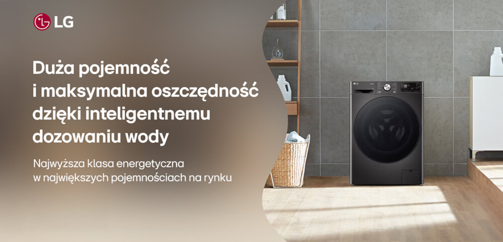 Obraz przedstawia pralkę na tle szarej ściany z półkami i koszem na pranie. Po lewej stronie widoczny jest tekst: \'Duża pojemność i maksymalna oszczędność dzięki inteligentnemu dozowaniu wody. Najwyższa klasa energetyczna w największych pojemnościach na rynku\'.