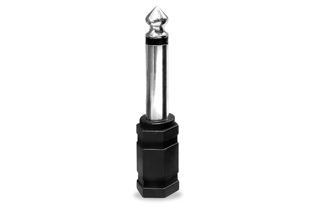 Na obrazie widoczna jest metalowa wtyczka jack z czarną, sześciokątną obudową. Wtyczka ma srebrny kolor z błyszczącym wykończeniem.