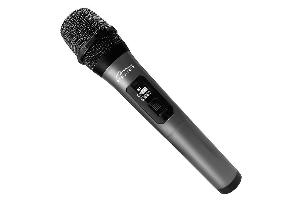 Na obrazie widoczny jest mikrofon z logo \'MEDIA-TECH\' oraz wyświetlaczem pokazującym \'CH 10 863.800\'.