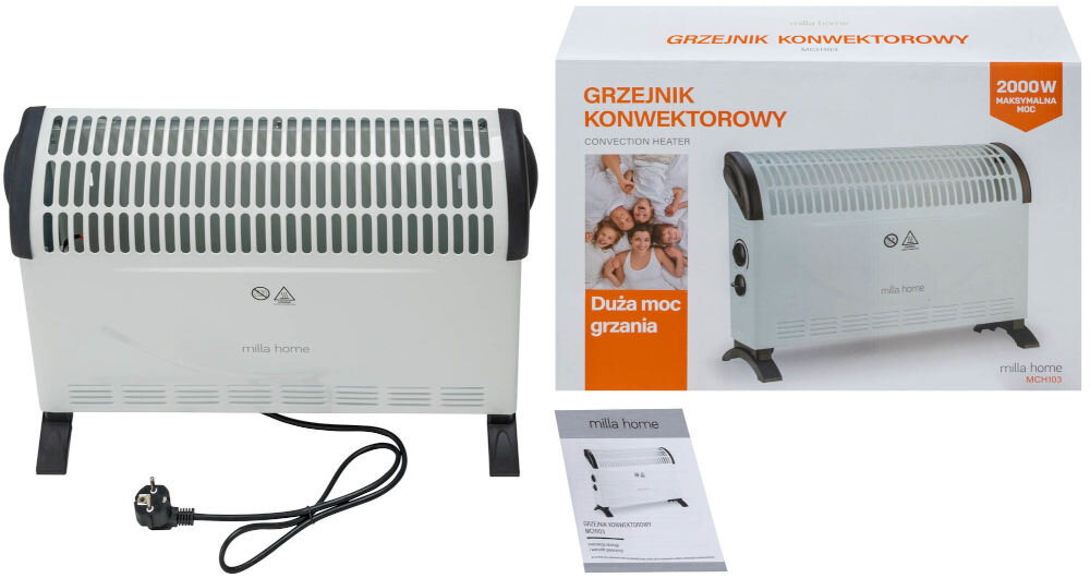 Na zdjęciu znajduje się grzejnik konwektorowy z logo \'milla home\', obok którego leży przewód zasilający. W tle widoczny jest karton z napisem \'GRZEJNIK KONWEKTOROWY\', zdjęciem grzejnika i informacją \'2000W maksymalna moc\'.