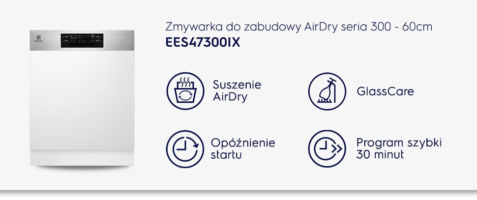 Obraz przedstawia zmywarkę do zabudowy z panelem sterowania na górze. Obok znajdują się ikony z opisami: \'Suszenie AirDry\', \'GlassCare\', \'Opóźnienie startu\', \'Program szybki 30 minut\'.