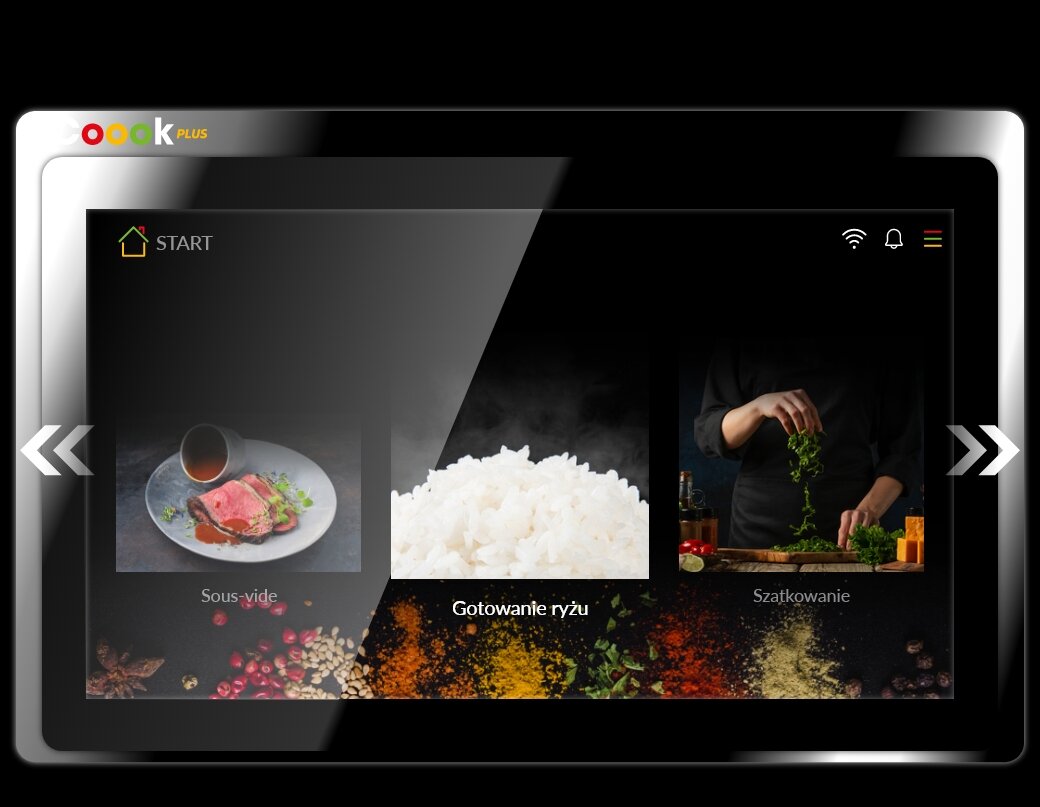 Ekran dotykowy urządzenia kuchennego z trzema opcjami: \'Sous-vide\', \'Gotowanie ryżu\' i \'Szatkowanie\'. Widoczne jest logo \'icook plus\' oraz ikony WiFi i powiadomień.