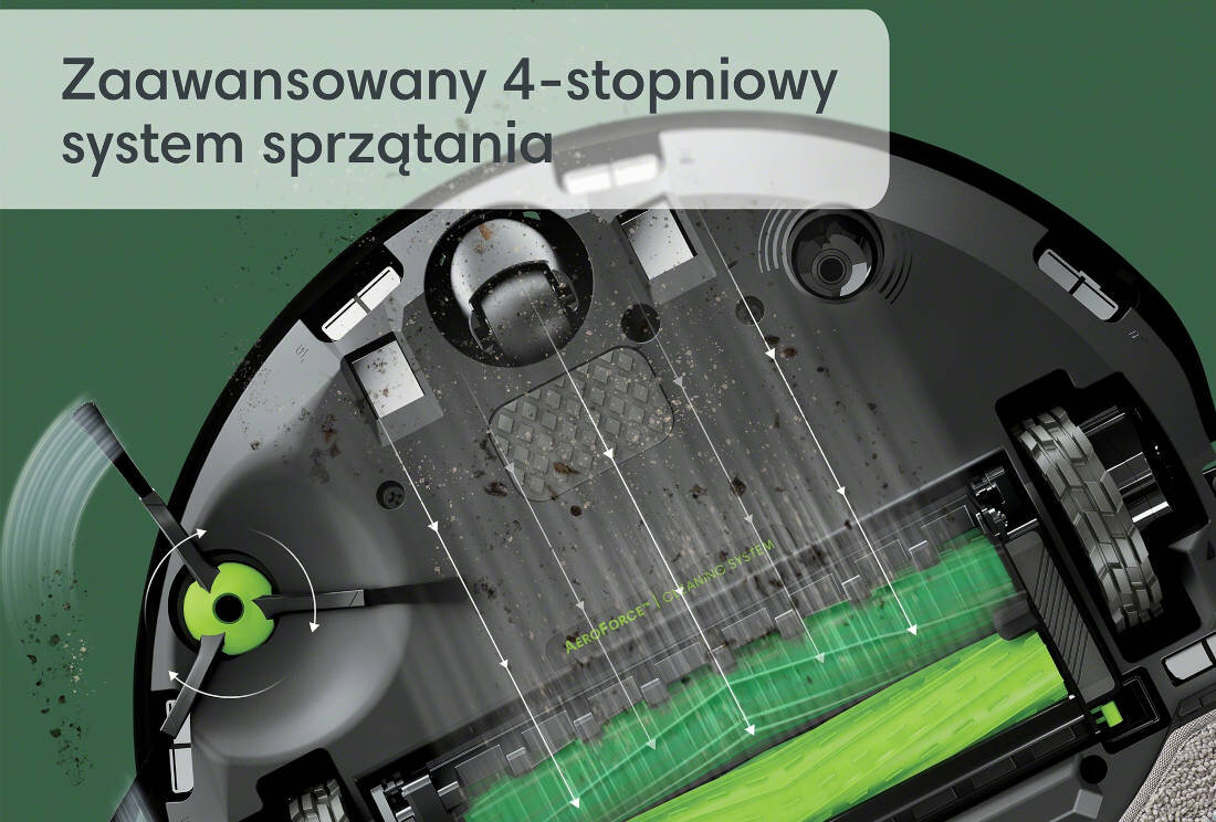 Obraz przedstawia wnętrze robota sprzątającego z widocznymi elementami systemu czyszczącego. Na obrazie znajduje się tekst: \'Zaawansowany 4-stopniowy system sprzątania\'.