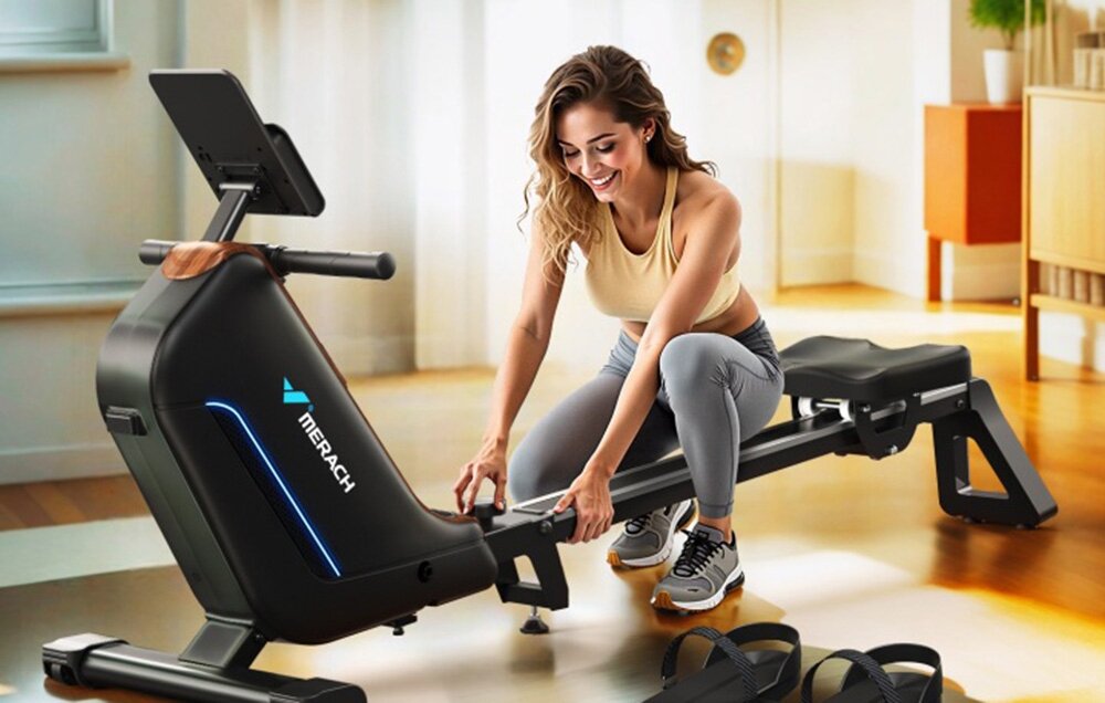 Kobieta w sportowym stroju reguluje wioślarz magnetyczny MERACH MR-R15B1-EU w jasnym pomieszczeniu. Na urządzeniu widoczne jest logo \'MERACH\'.