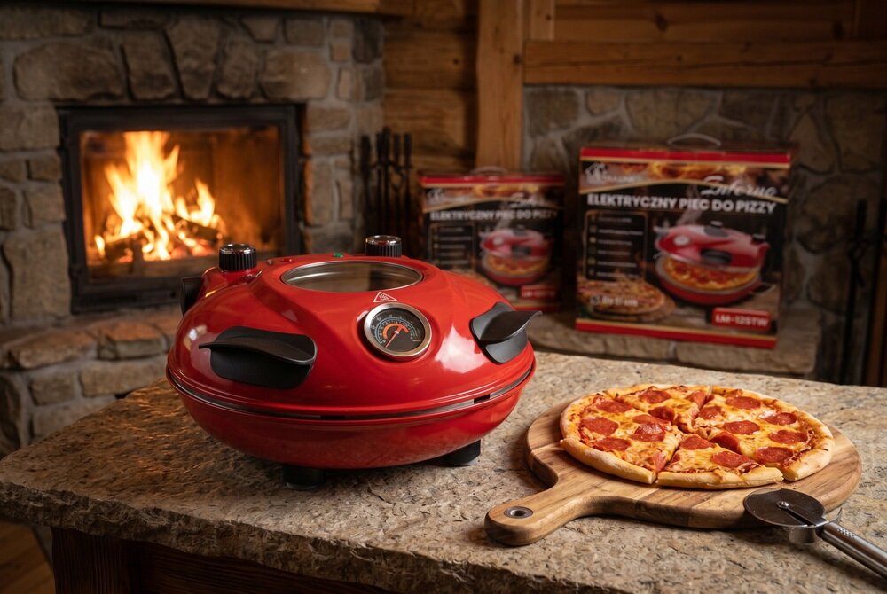 Czerwony piec do pizzy z termometrem na blacie, obok gotowa pizza na drewnianej desce. W tle widoczne opakowania z napisem \'ELEKTRYCZNY PIEC DO PIZZY\' oraz płonący kominek.