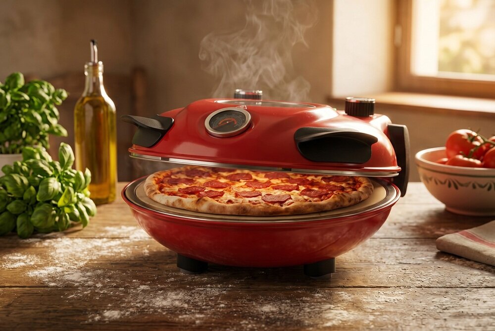Czerwony piec do pizzy z otwartą pokrywą, z którego unosi się para, a w środku znajduje się pizza. W tle widać zioła, butelkę oliwy i miskę z pomidorami.