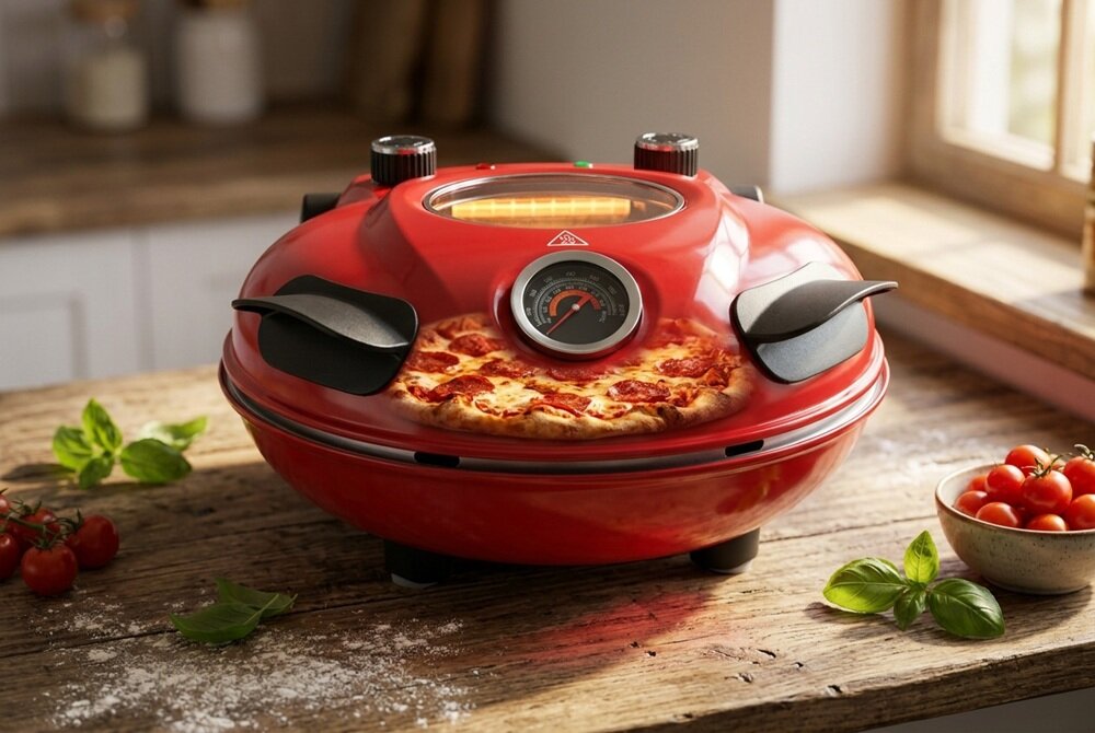 Czerwony piec do pizzy z widocznym termometrem i okienkiem na górze, w którym znajduje się pizza. Obok pieca leżą świeże pomidory i liście bazylii.