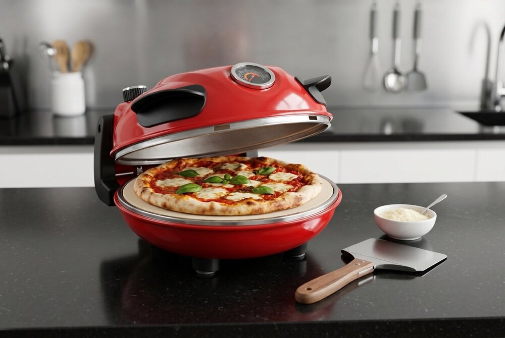 Czerwony piec do pizzy z otwartą pokrywą, w środku znajduje się pizza z ziołami. Obok na blacie leży łopatka do pizzy i miseczka z serem.