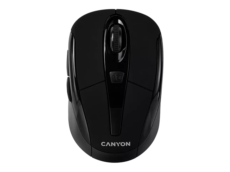 Czarna mysz bezprzewodowa z logo \'CANYON\' na dole oraz przyciskiem oznaczonym \'dpi\' na górze. Mysz posiada rolkę przewijania i dwa boczne przyciski.
