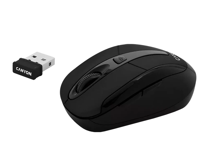 Czarna bezprzewodowa mysz komputerowa z widocznym przyciskiem \'DPI\' i rolką przewijania. Obok znajduje się mały odbiornik USB z napisem \'CANYON\'.