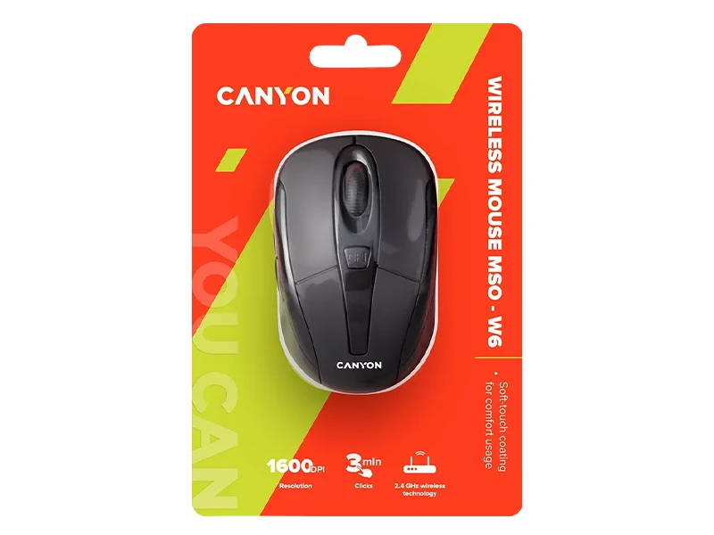 Czarna mysz bezprzewodowa Canyon MSO-W6 na tle czerwono-zielonego opakowania z napisem \'WIRELESS MOUSE MSO - W6\'. Widoczne są także informacje: \'1600 DPI Resolution\', \'3 mln Clicks\', \'2.4 GHz wireless technology\'.