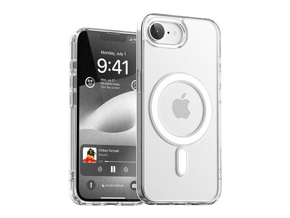 Przezroczyste etui na telefon z widocznym logo Apple i okrągłym wzorem MagSafe. Na ekranie telefonu wyświetlana jest data \'Monday, July 1\' oraz godzina \'9:41\'.