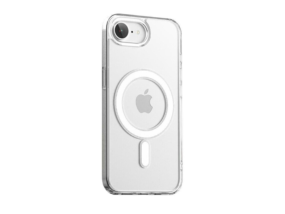 Przezroczyste etui na telefon z widocznym logo Apple i okrągłym wzorem na środku. Etui jest dopasowane do kształtu telefonu z wycięciem na aparat.