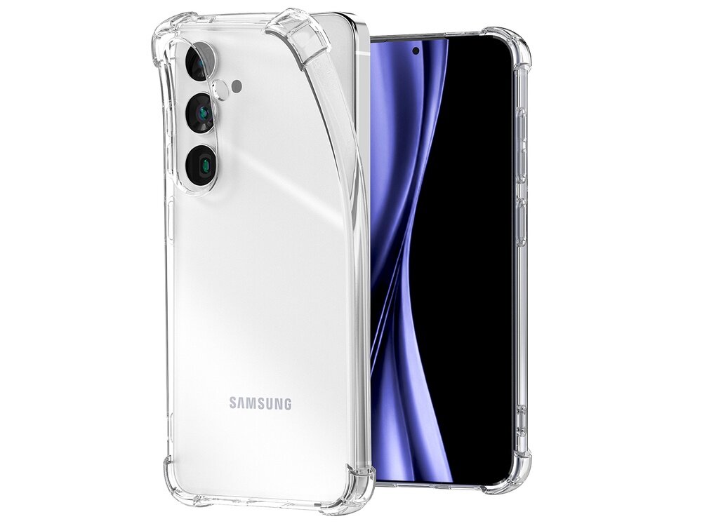 Przezroczyste etui na telefon z widocznymi trzema aparatami i napisem \'SAMSUNG\'.