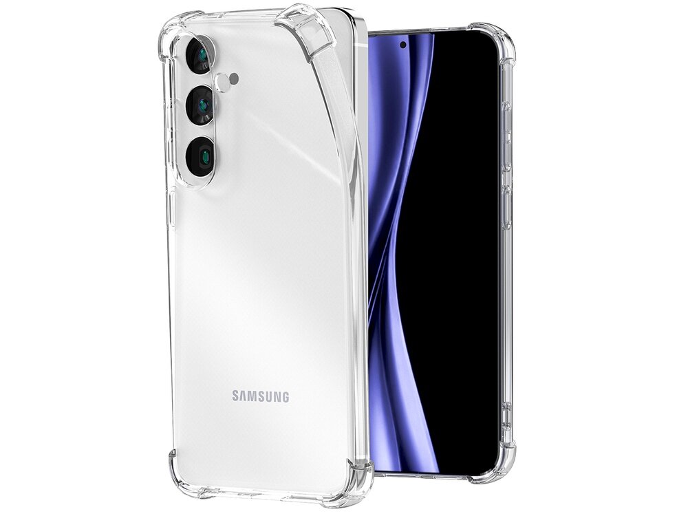 Przezroczyste etui na telefon z widocznymi trzema aparatami i logo \'SAMSUNG\'.