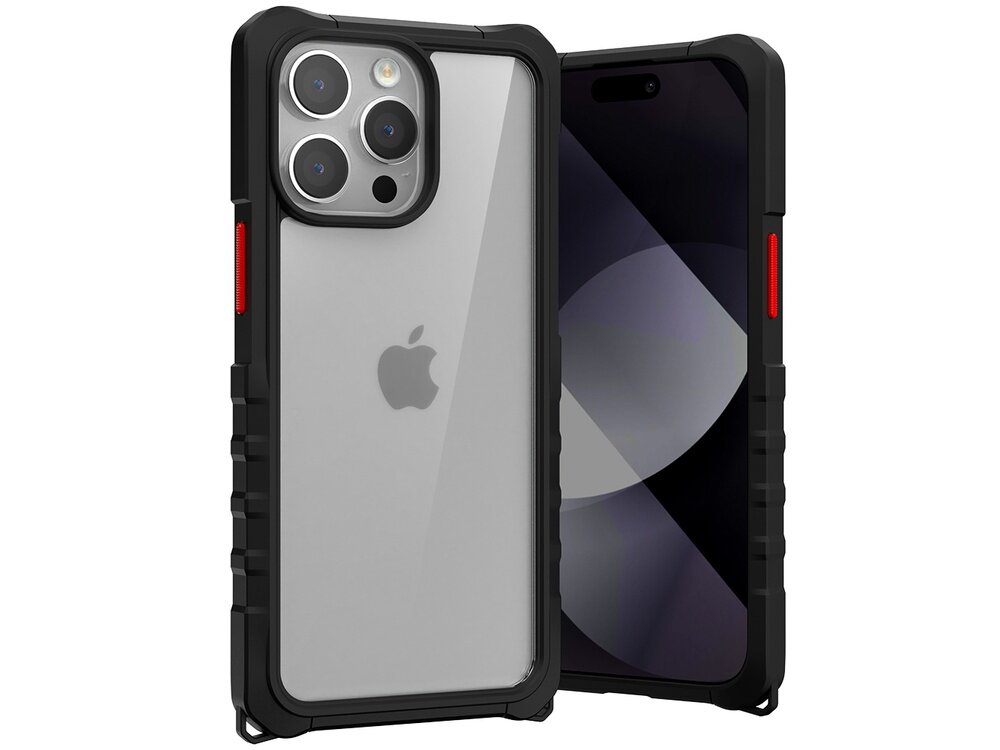 Obraz przedstawia czarne etui na telefon z widocznym logo w kształcie nadgryzionego jabłka. Etui ma przezroczysty tył i czerwone akcenty na bokach.