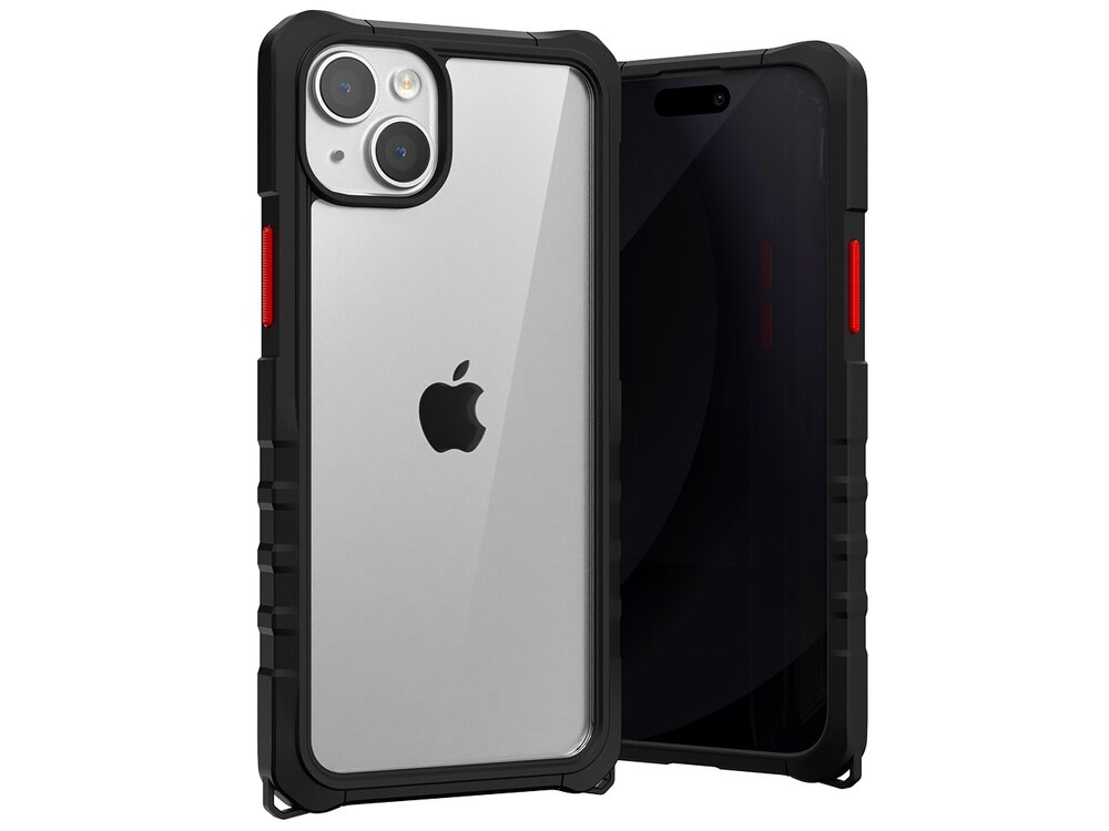 Czarne etui ochronne z przezroczystym tyłem, przeznaczone do telefonu Apple iPhone 15 Plus. Widoczne są dwa otwory na aparaty oraz logo Apple.