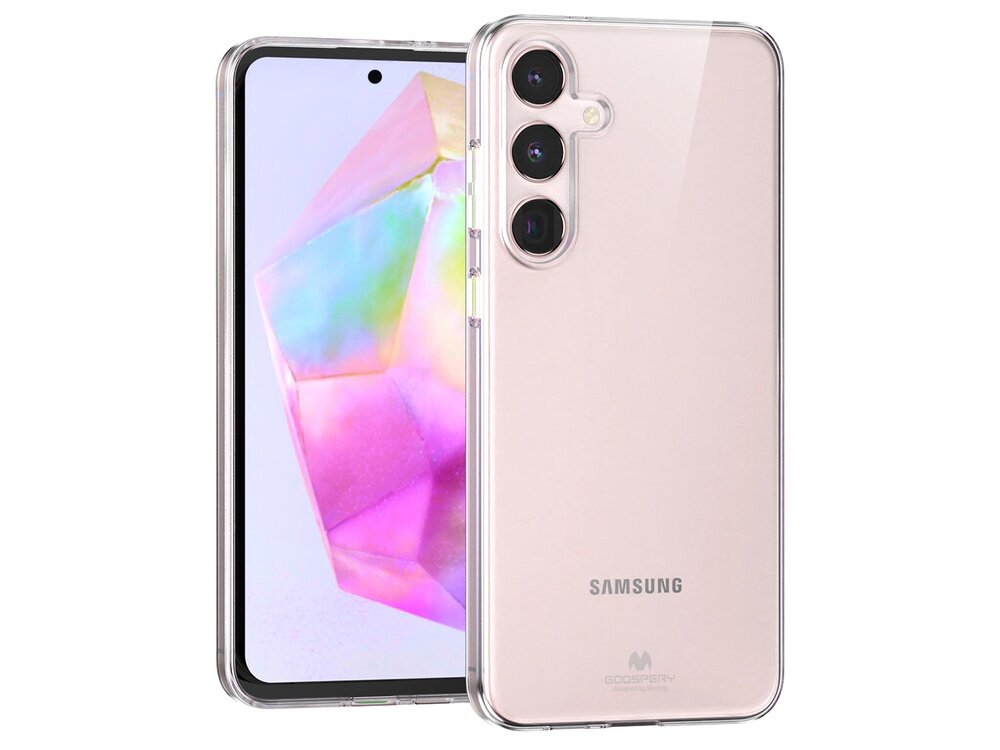 Przezroczyste etui na telefon z trzema widocznymi aparatami i logo \'SAMSUNG\' na dole. W tle ekran telefonu z kolorową grafiką.
