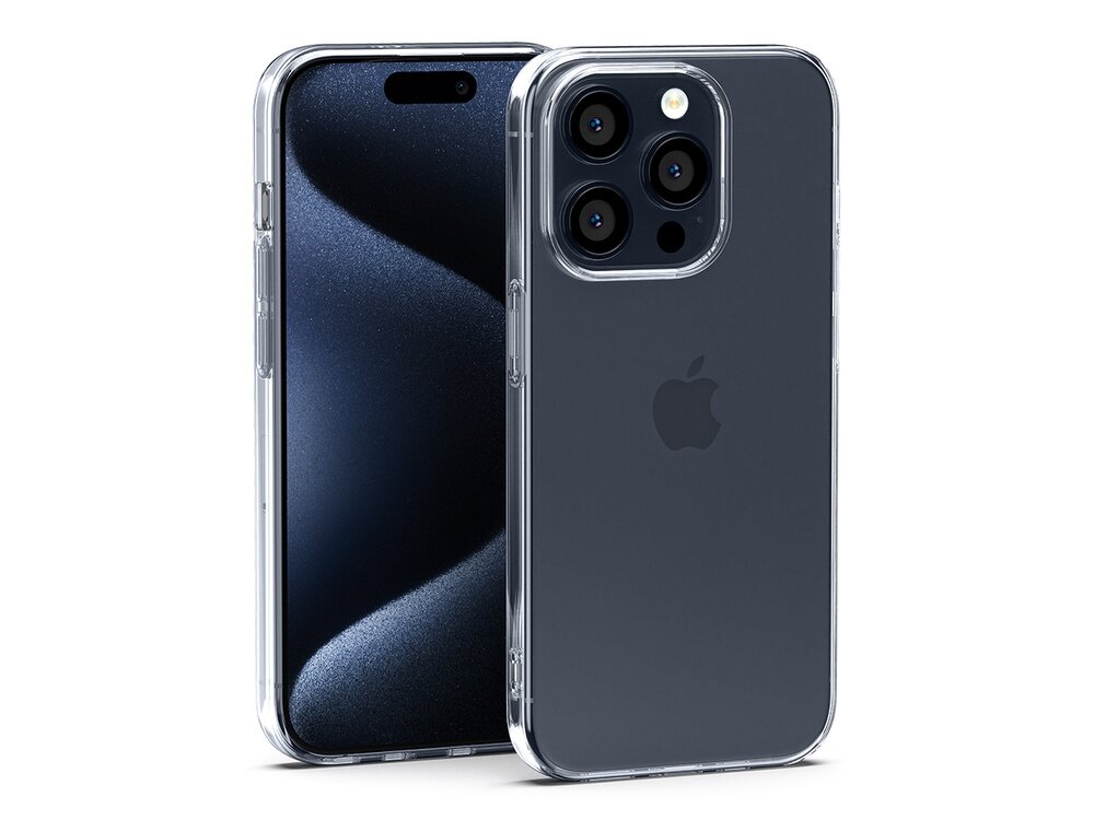 Na obrazie widoczny jest przezroczysty futerał na smartfon, który ukazuje tylną część urządzenia z trzema obiektywami aparatu i logo w kształcie jabłka. Futerał jest dopasowany do kształtu telefonu, eksponując jego kolor i detale.