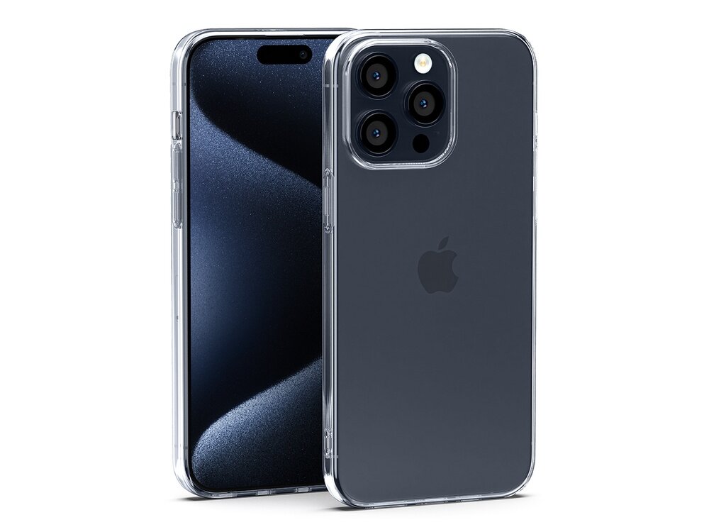 Na obrazie widoczny jest przezroczysty futerał na smartfon, który jest założony na ciemny telefon z trzema obiektywami aparatu. Na telefonie znajduje się logo w kształcie nadgryzionego jabłka.