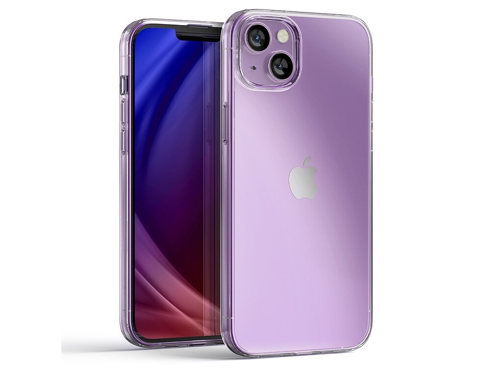 Na obrazie widoczny jest przezroczysty futerał na telefon, który jest założony na fioletowy smartfon. Na tylnej części telefonu znajduje się logo w kształcie nadgryzionego jabłka.