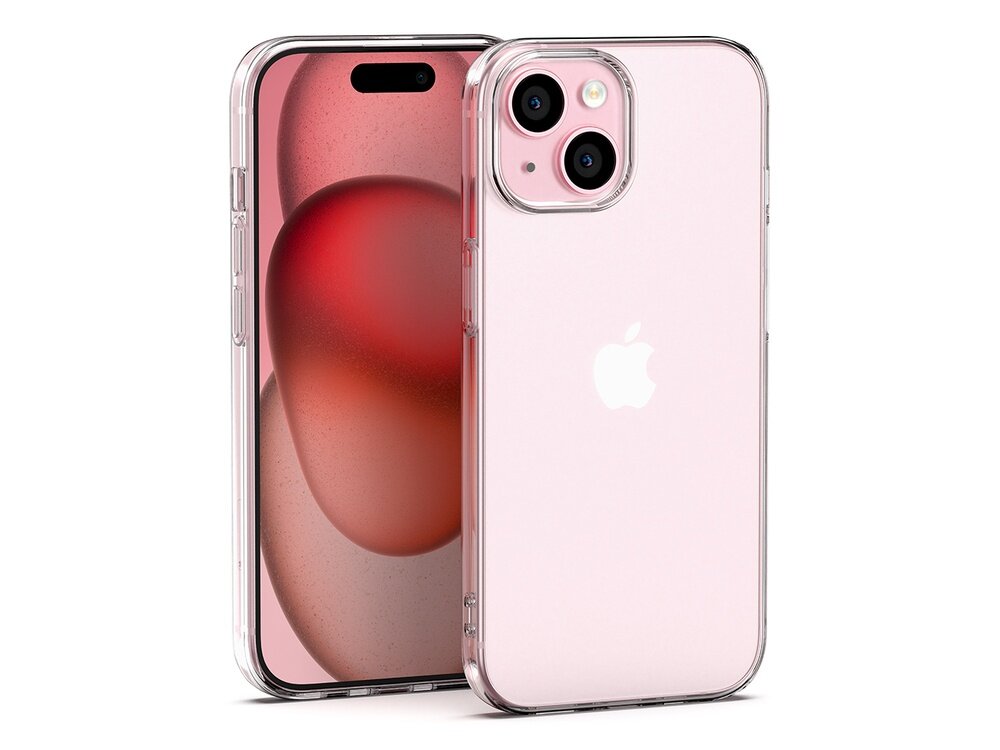 Na obrazie widoczny jest przezroczysty etui na telefon, który jest założony na różowy smartfon z logo w kształcie jabłka. Telefon ma dwa obiektywy aparatu i wyświetlacz z czerwonym motywem graficznym.