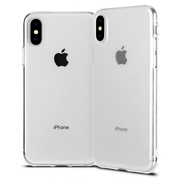 Dwa przezroczyste etui na smartfony z widocznymi logo w kształcie jabłka i napisem \'iPhone\'. Etui mają wycięcia na aparat i przyciski.