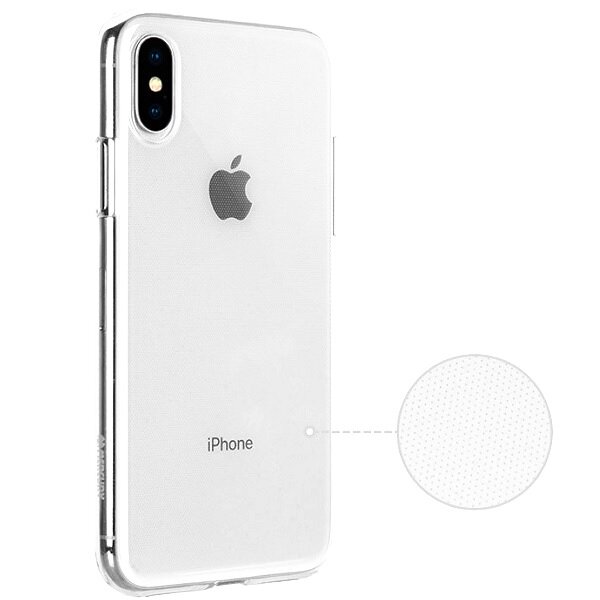 Przezroczyste etui na telefon z widocznym logo w kształcie jabłka. Obok znajduje się powiększenie tekstury materiału etui.