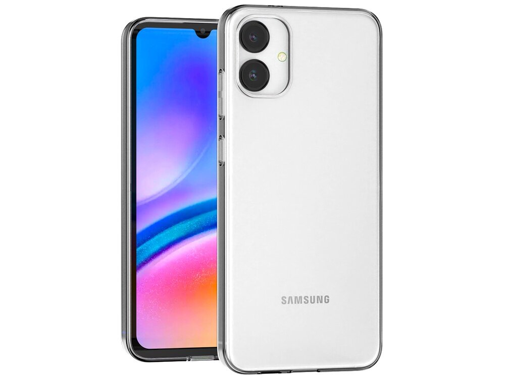 Przezroczyste etui na telefon z widocznym logo \'SAMSUNG\' na tylnej części. Telefon ma dwa aparaty i kolorowy wyświetlacz.