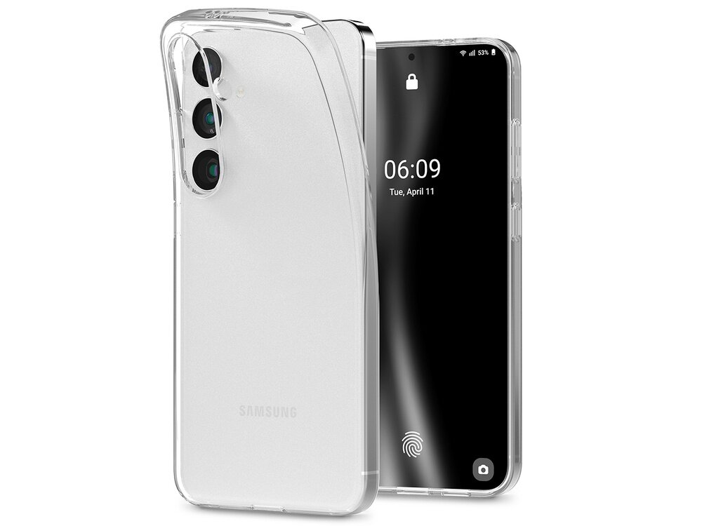 Na obrazie widoczne jest przezroczyste etui na telefon, które jest założone na smartfonie. Na ekranie telefonu wyświetlana jest godzina 06:09 oraz data Tue, April 11.