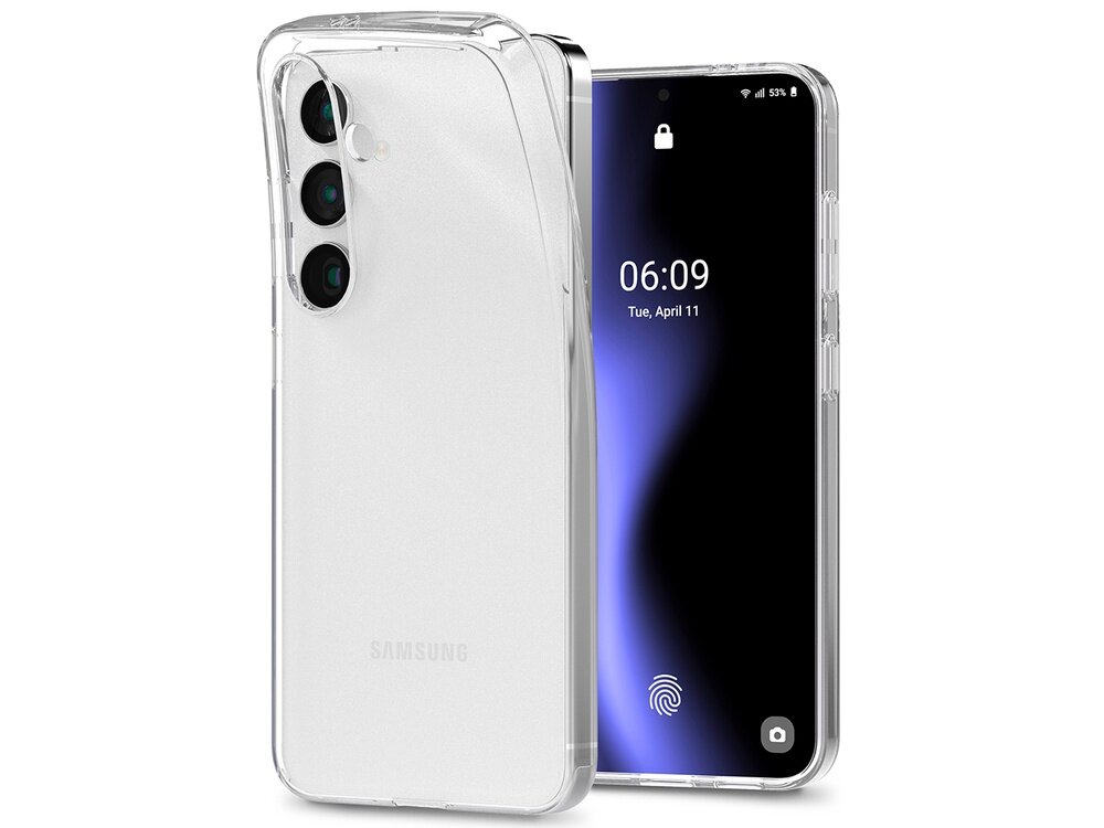 Przezroczyste etui na telefon z trzema wycięciami na aparaty, widoczne logo \'SAMSUNG\'. Na ekranie telefonu wyświetlana jest godzina 06:09, data \'Tue, April 11\' oraz ikona odcisku palca.